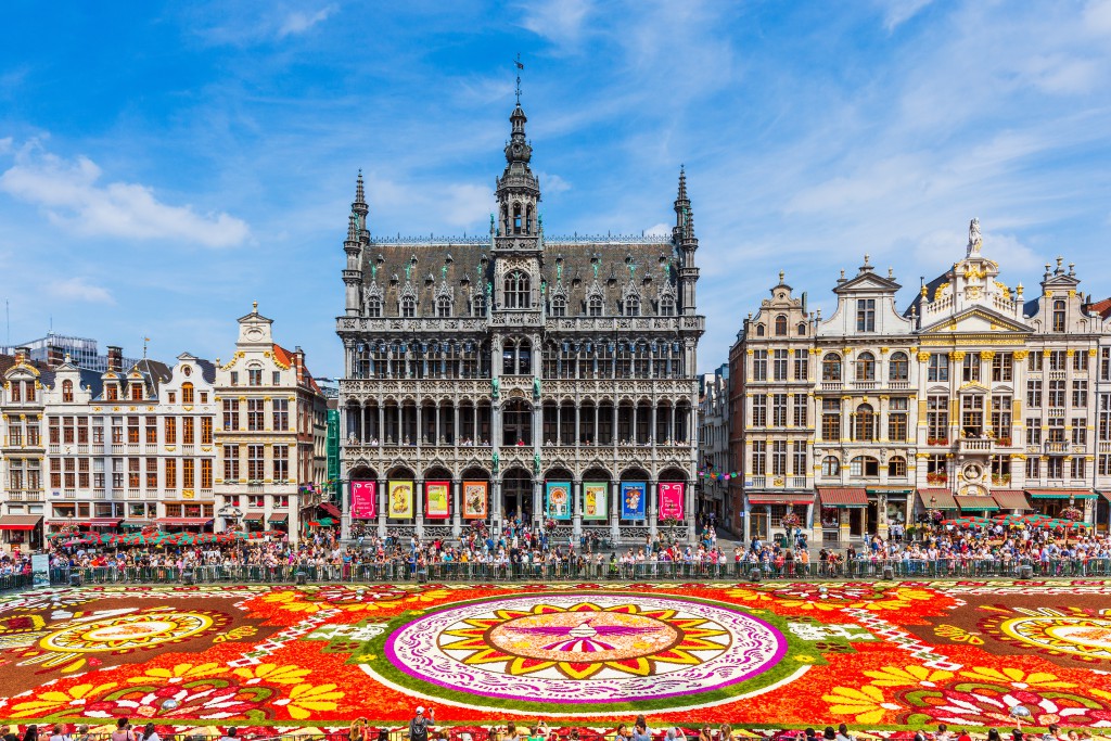 Brussels, Belgium - August 16, 2018: Grand Place during Flower Carpet festival. This year theme was Mexico.