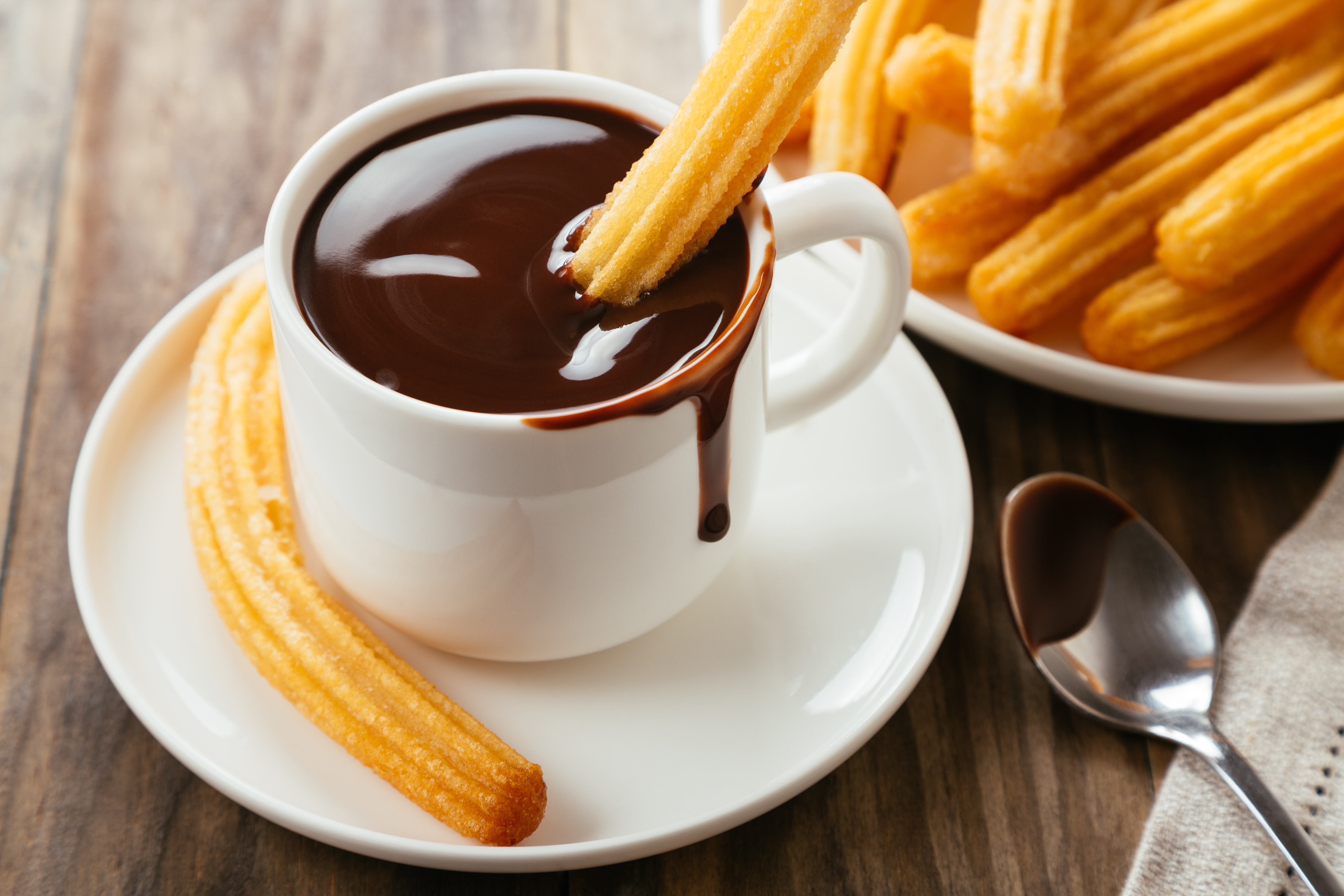 Traditional spanish churros with hot chocolate sauce