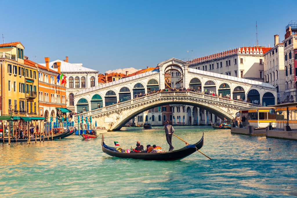 Rialto Bridge on the Grand Canal famous panoramic view, Venice, Italy