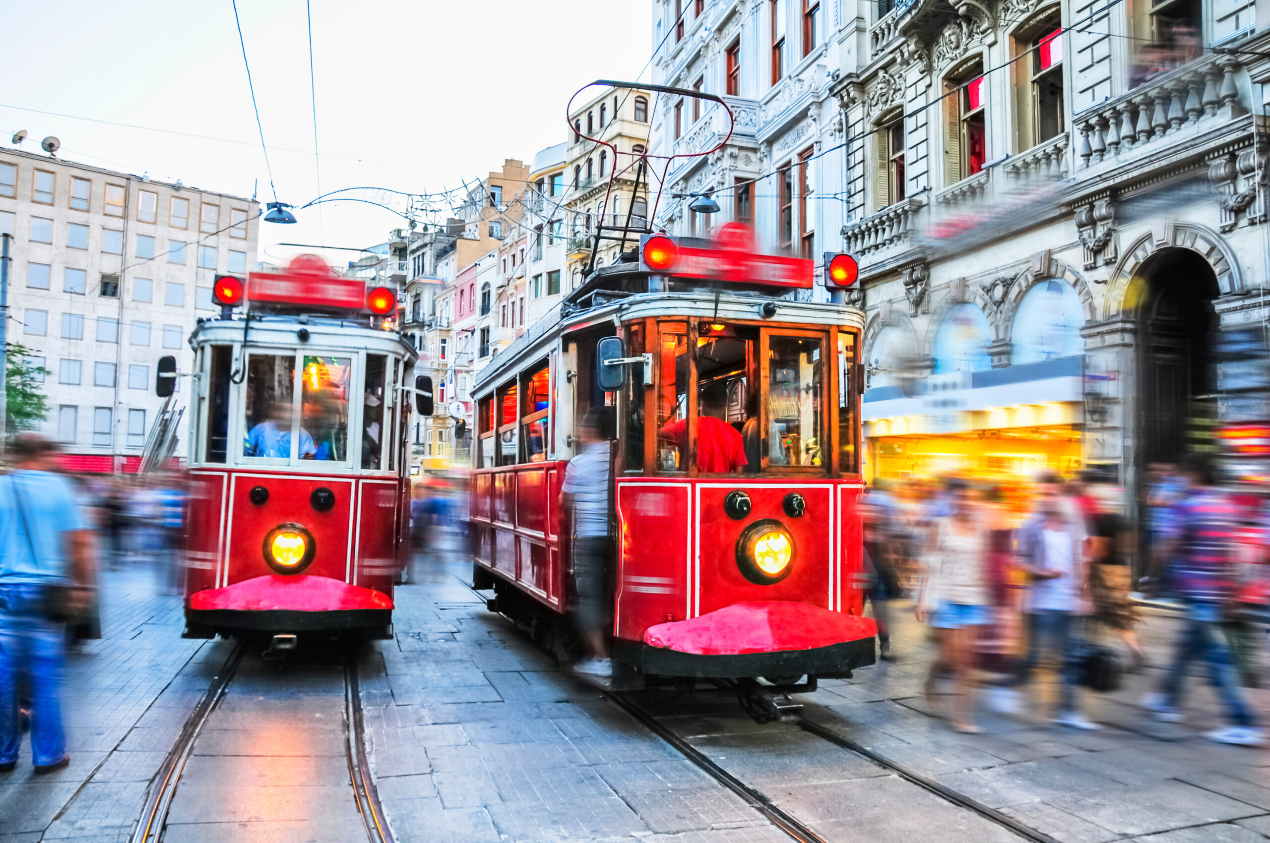 Old red trams on stiklal Avenue, Istanbul, Turkey