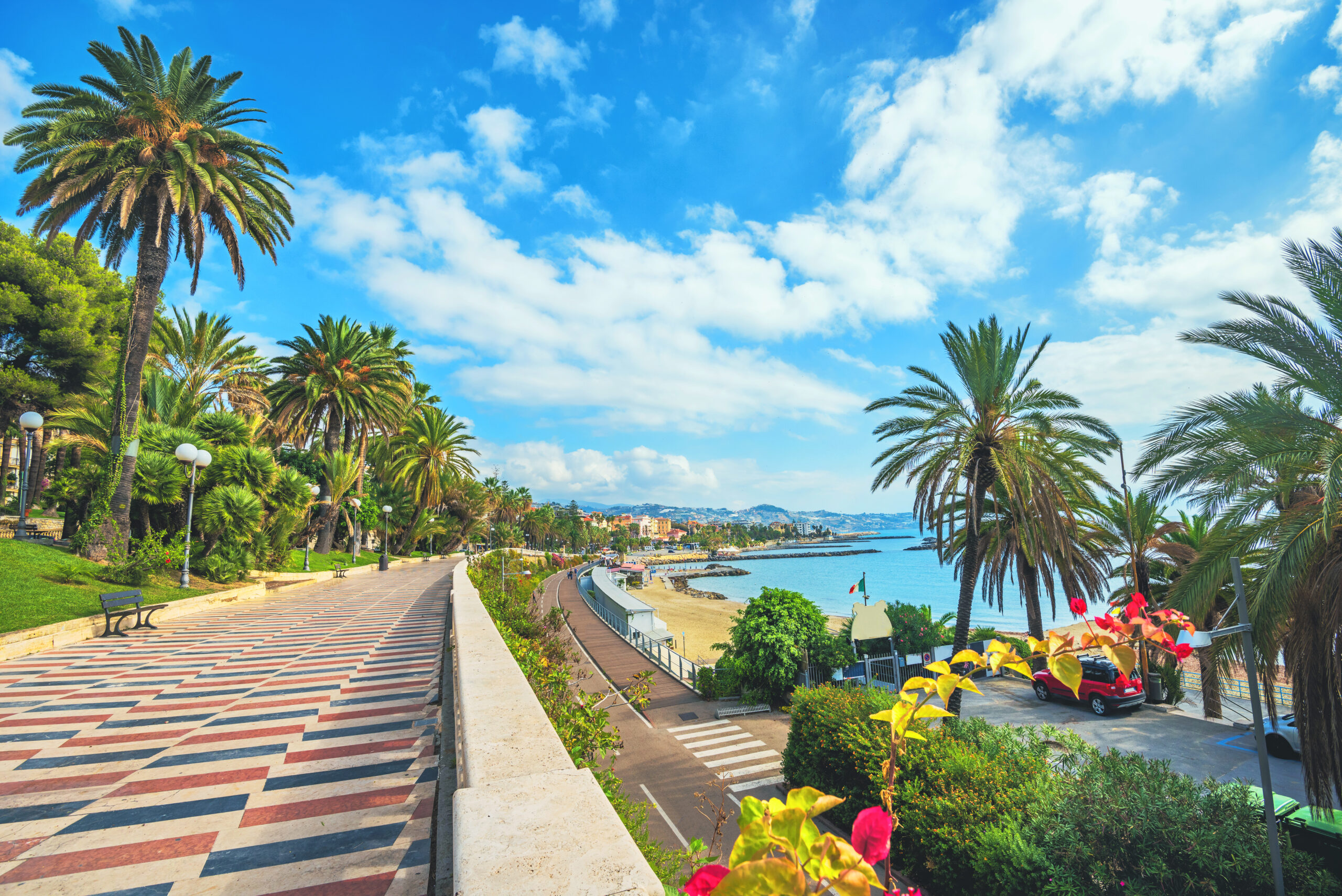 Promenade along scenic seaside riviera in San Remo resort city. Liguria. Italy