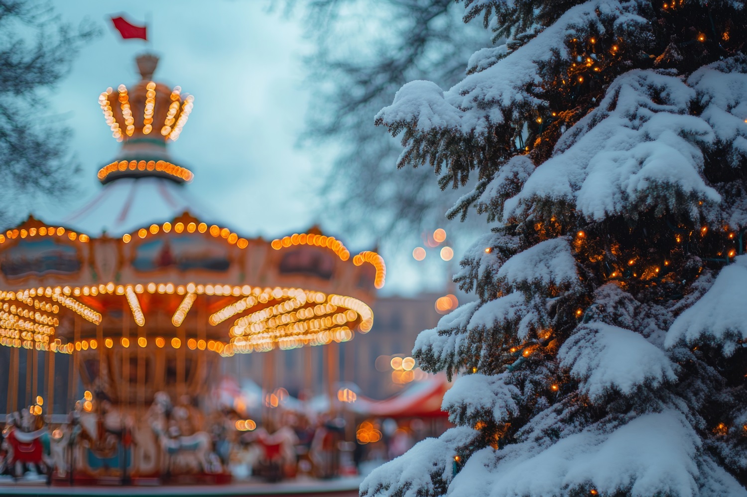 a snow-covered fir tree stands tall in front of a blurred, colorful carousel ride at tivoli gardens in copenhagen, denmark, on a magical christmas evening.