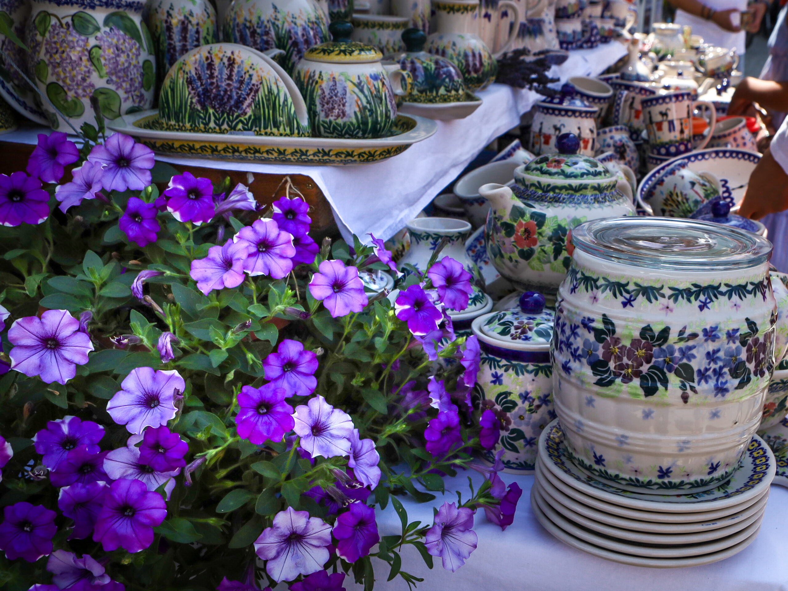 Traditional handmade polish pottery at the ceramics festival in Boleslawiec, Poland.