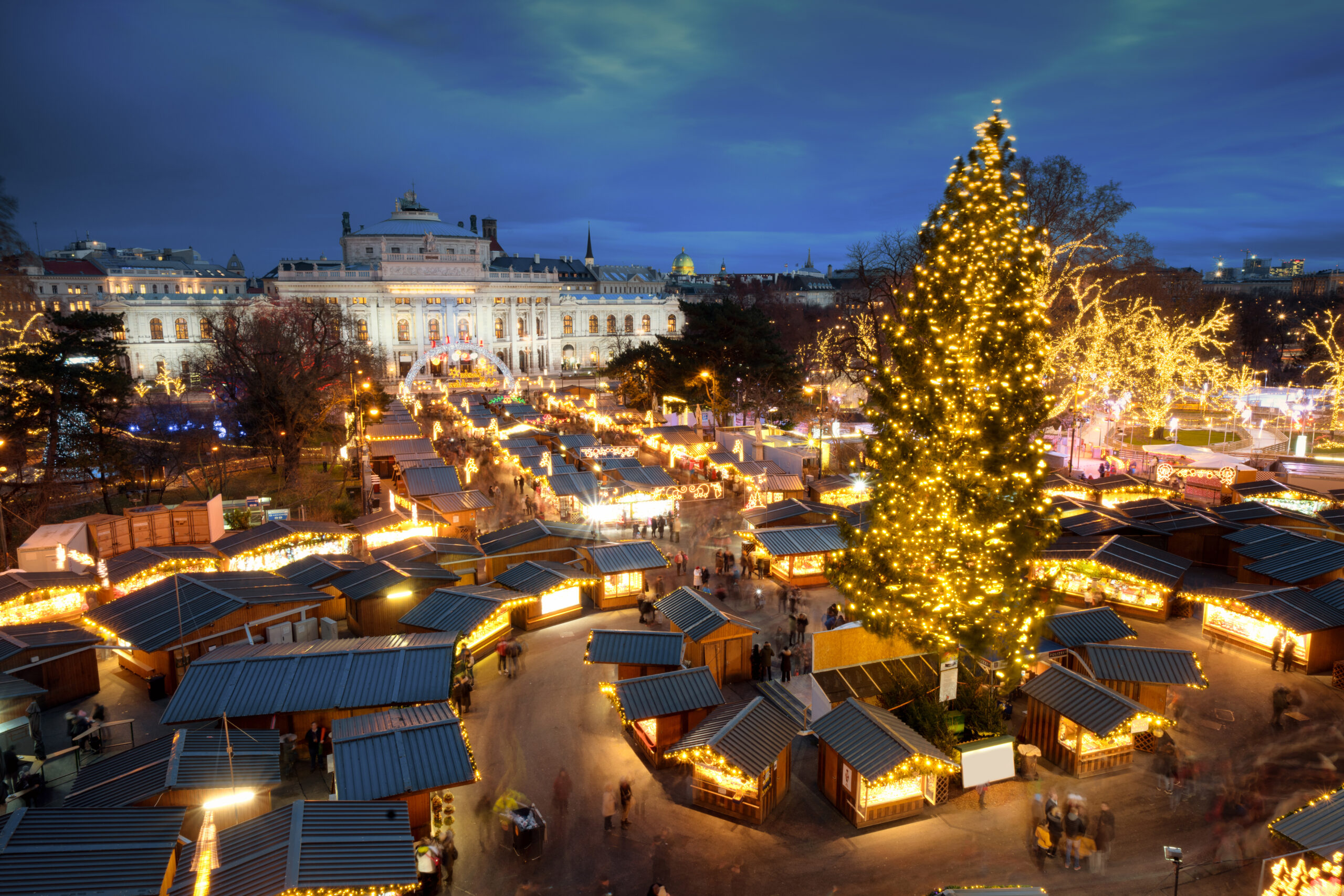 Christmas in Vienna aerial view of the advent market in front of the city hall